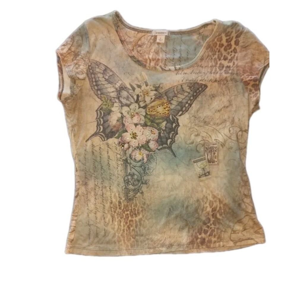 DRESSBARN Blouse Womens Large Orange Yellow Butterfly Rhinestones Shirt Top